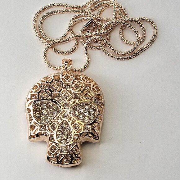 Large Crystallized Golden Skull Pendant Necklace - Picture 1 of 12